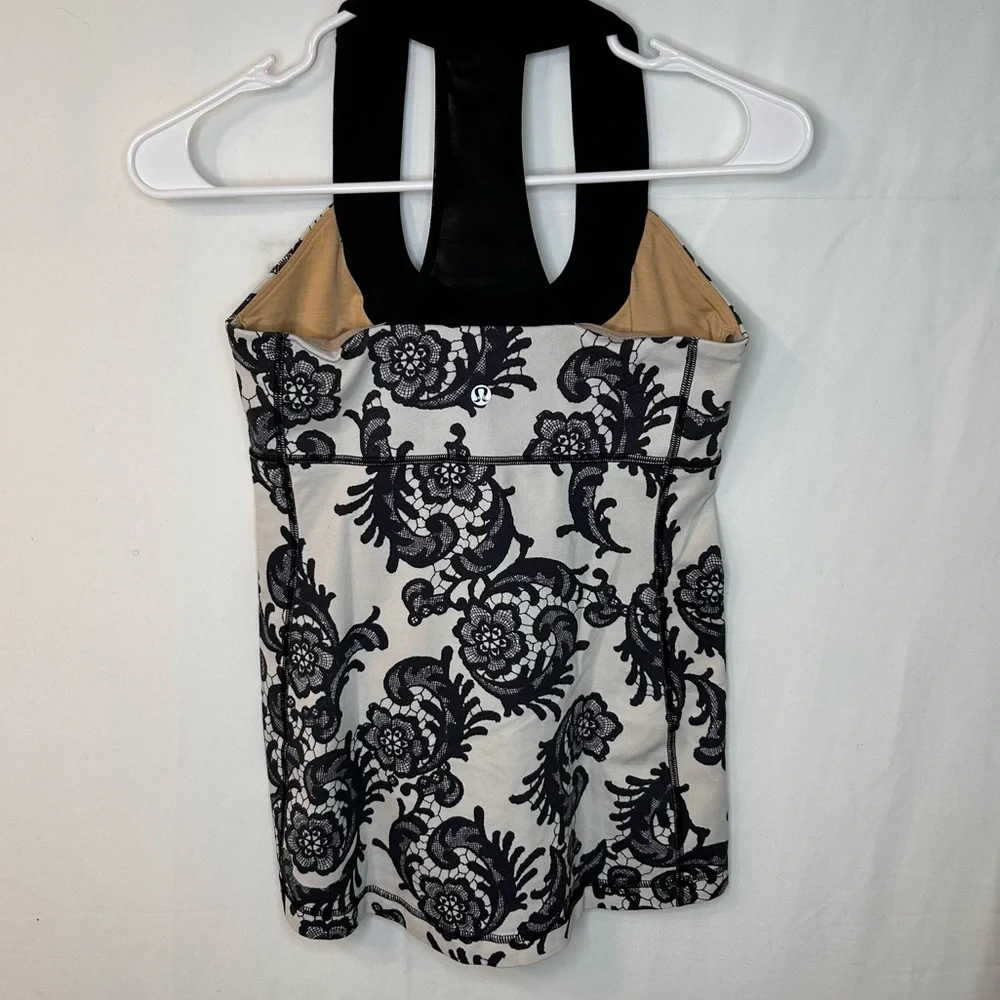Lululemon Athletica Laceoflage WorkOut Scoop NeckTank Top Black Crème Floral SZ6